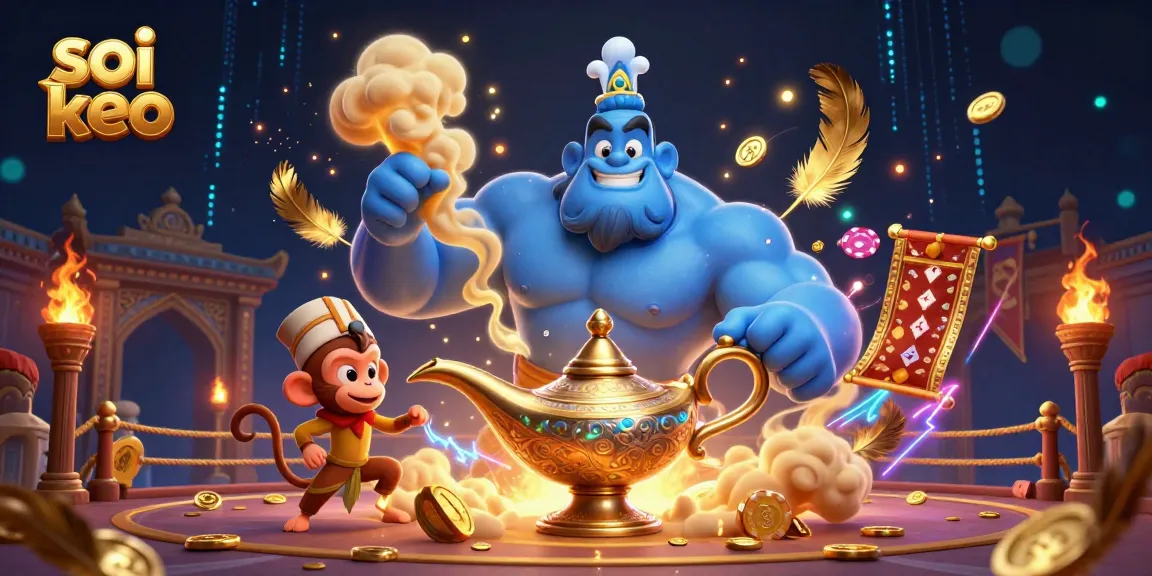 Soi keo gamblers engage with a magical scene featuring a blue genie, monkey, and poker chips.