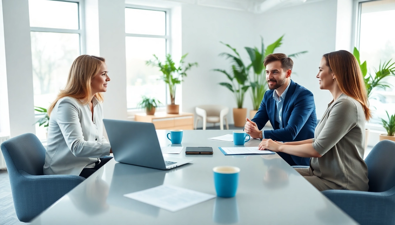 Engaged clients receiving business coaching service in a modern office setting.