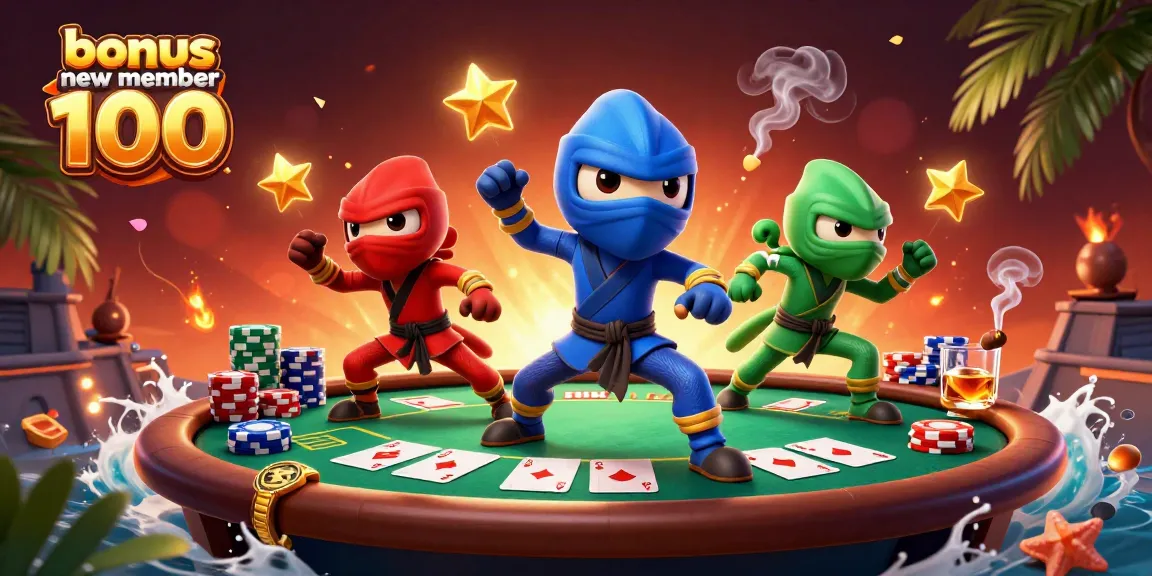 Engage with the vibrant illustration showcasing a ninja chameleon team and poker elements for bonus new member 100.