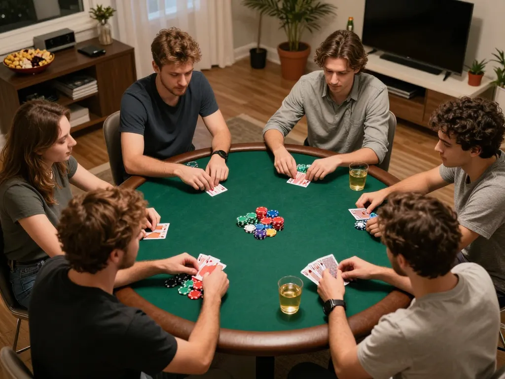 Engaging home poker game scene with friends focused on their cards and tips on 營養奶.