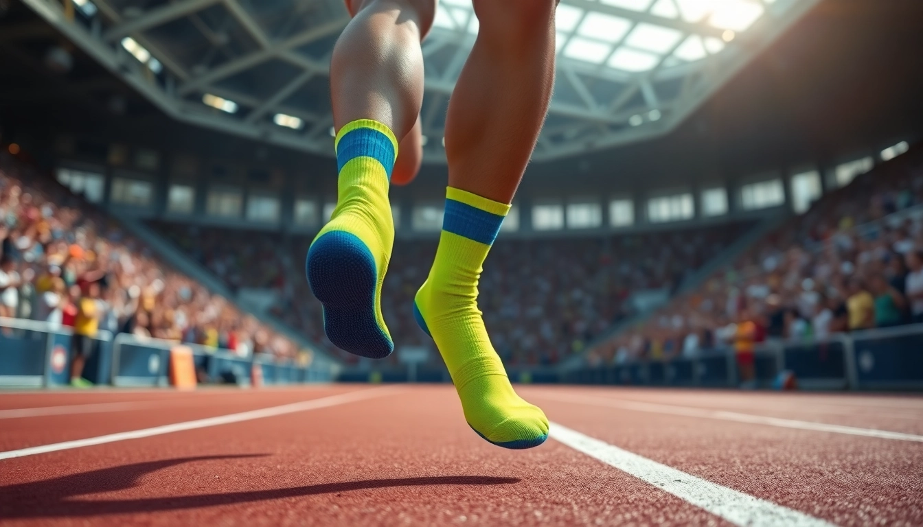 Runners in colorful running socks sprinting on a track with a cheering crowd.