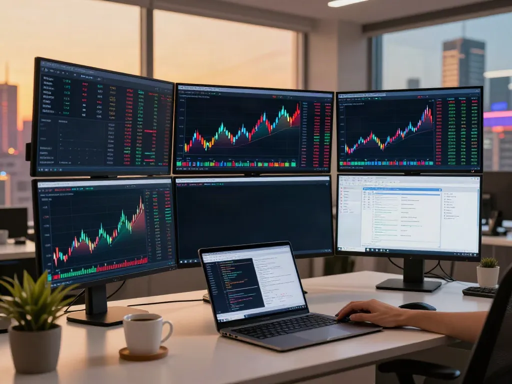 HK stock quote API displayed on multiple monitors in a modern trading setup, emphasizing cryptocurrency and financial data integration.