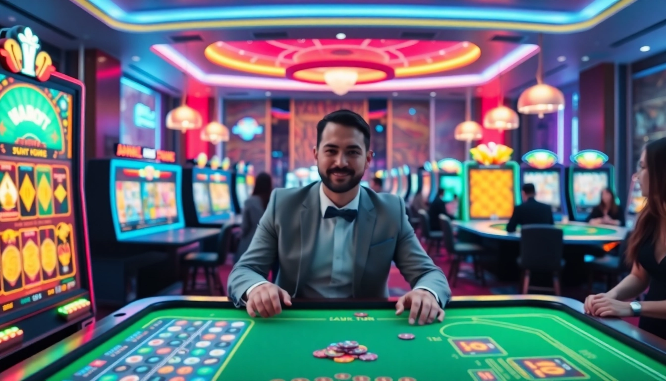 Engaging scene depicting Non gamstop Casino Uk with vibrant gaming interfaces and excited players.