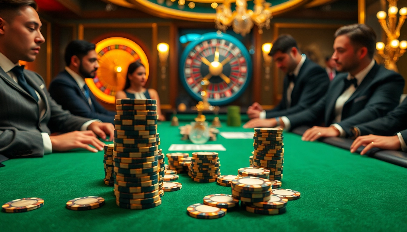 KPI4D poker game with luxurious chips and players, capturing high-stakes excitement.