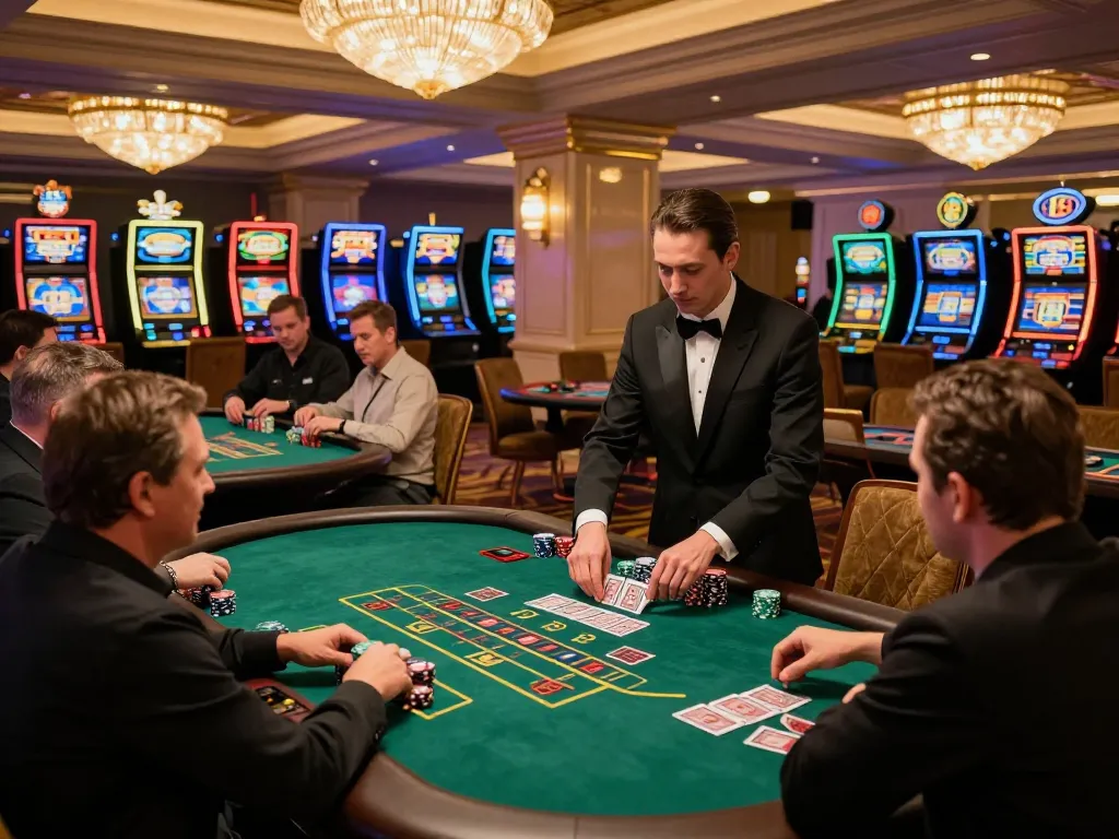 Players enjoying dynamic blackjack gameplay at G28 COM casino, vibrant atmosphere with professional dealer.