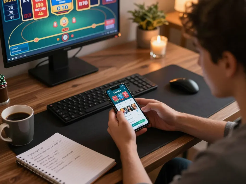 Engaged player using the Done55 app on smartphone in a cozy home gaming setup.