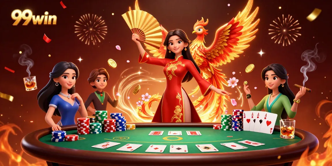 Experience the excitement of 99win with vibrant casino elements and lively characters in this dynamic scene.