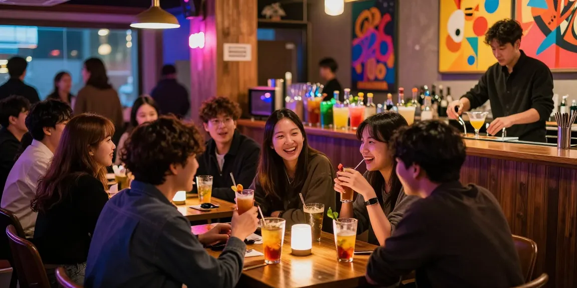 A lively gathering at 상봉동 한국관나이트, featuring friends enjoying drinks and vibrant neon lights in an inviting nightlife atmosphere.