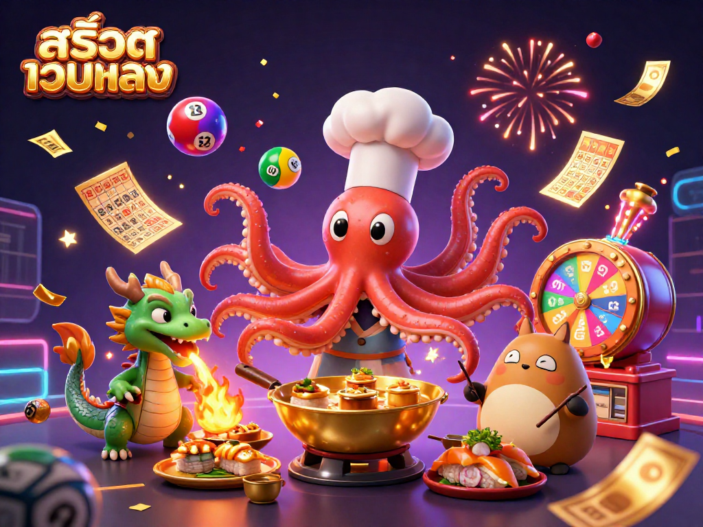 Engage with สล็อตเว็บตรง as a sushi chef octopus, dragon, and tanuki celebrate winning in vibrant lottery-themed scene.