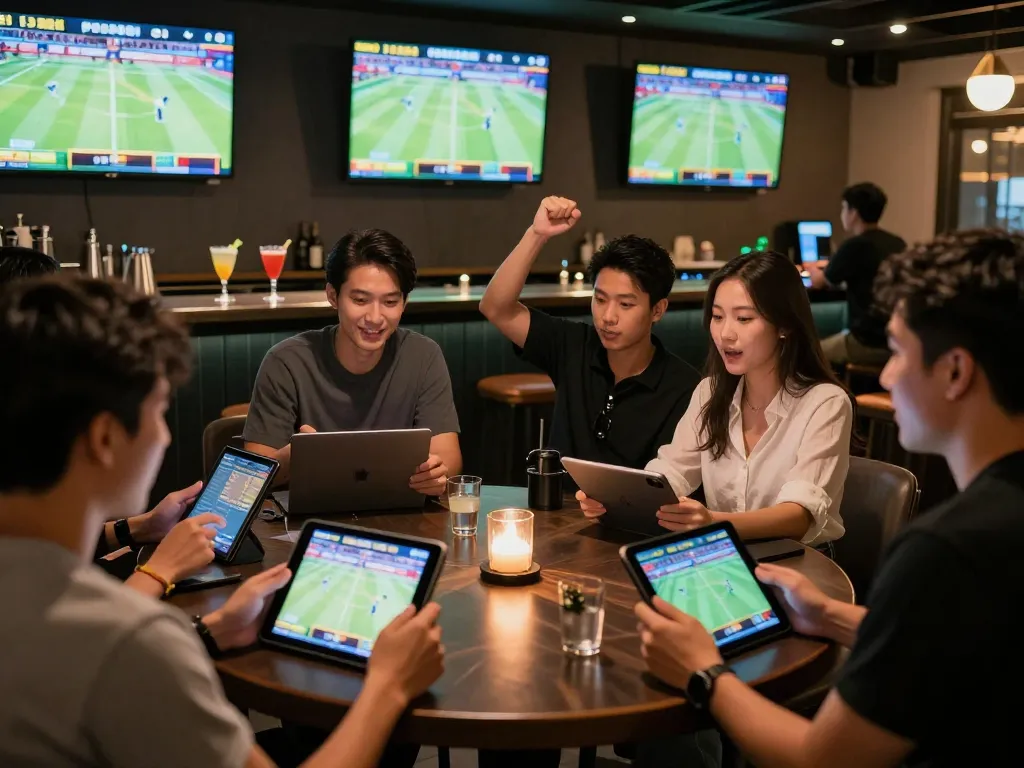PUB88 sports enthusiasts enjoying live betting action in a lively lounge atmosphere.