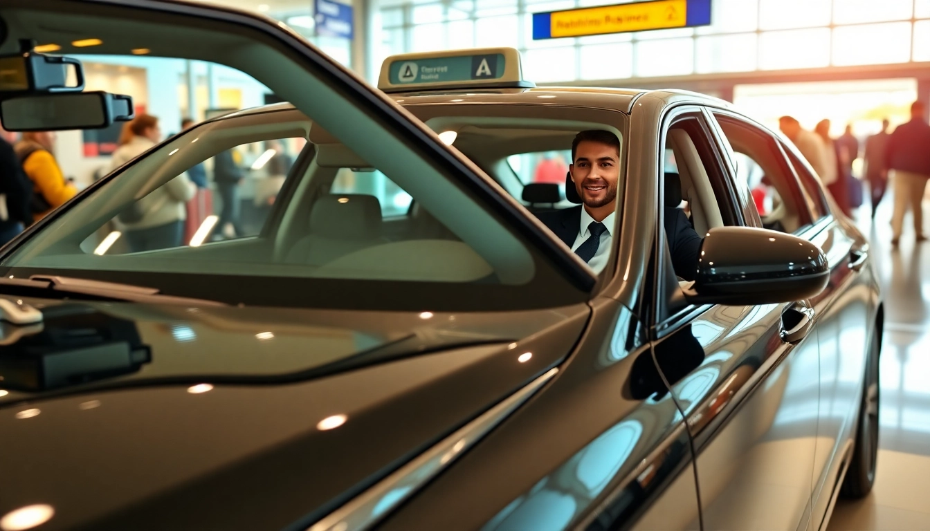 Experience Nottingham to Heathrow Taxi with a luxury vehicle in a busy airport setting.