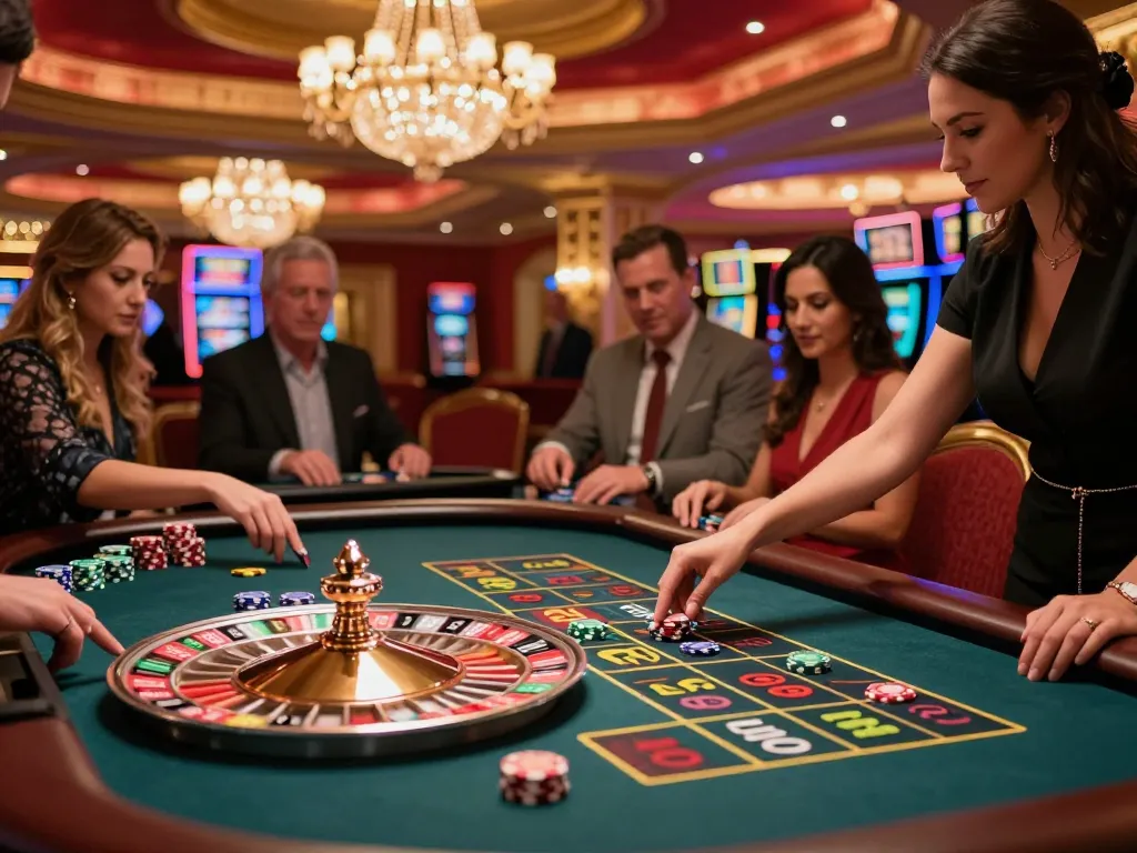 Experience thrill at nhà cái 388bet with players strategizing at a vibrant roulette table