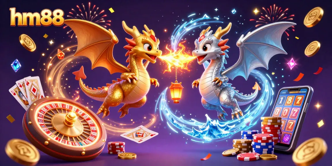 hm88 showcases thrilling dragons breathing fire and ice, surrounded by casino riches and games.