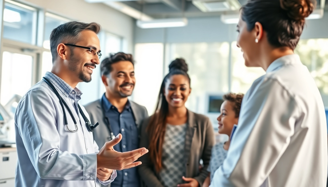 Prominent health expert providing guidance on health to a young family in a modern clinic.