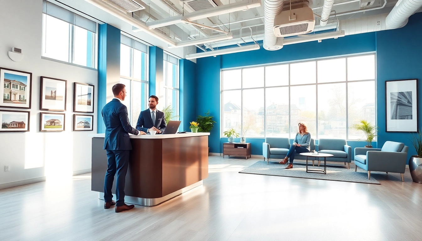 Showcasing a modern real estate office with natural light and welcoming atmosphere.