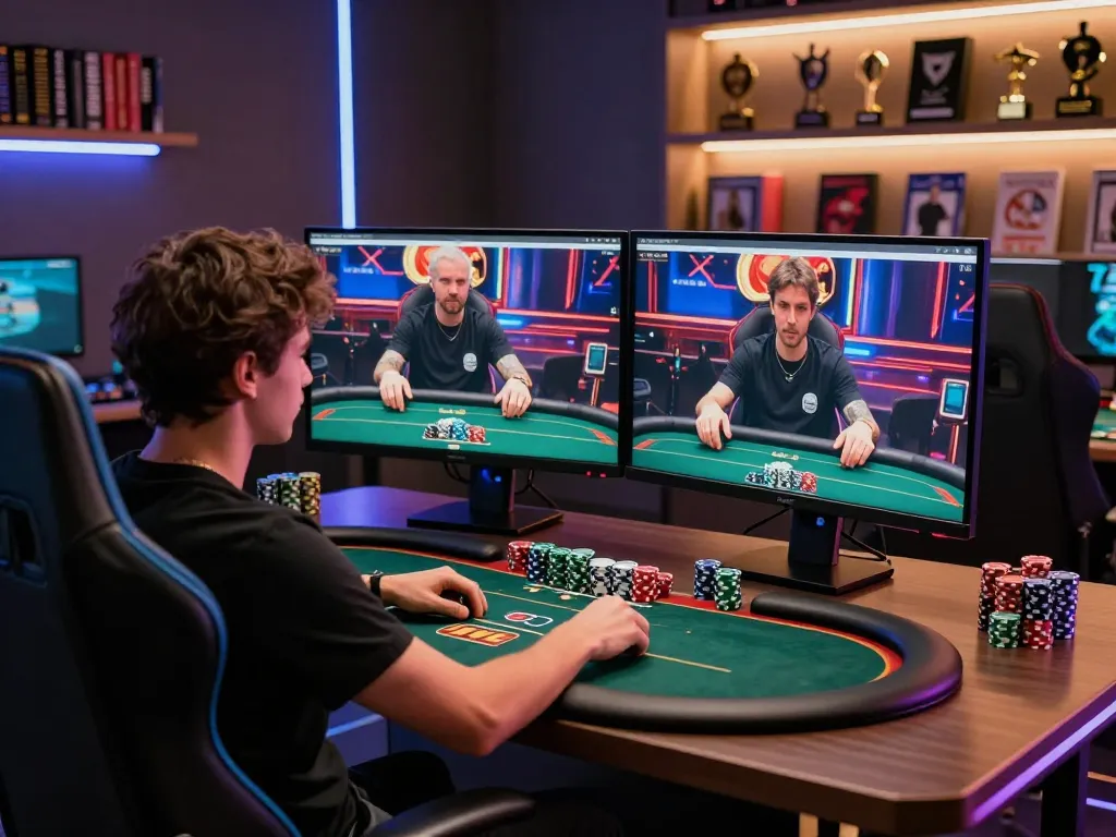 Player engaging in online poker on TR88 platform with dual monitors showcasing live dealer action.