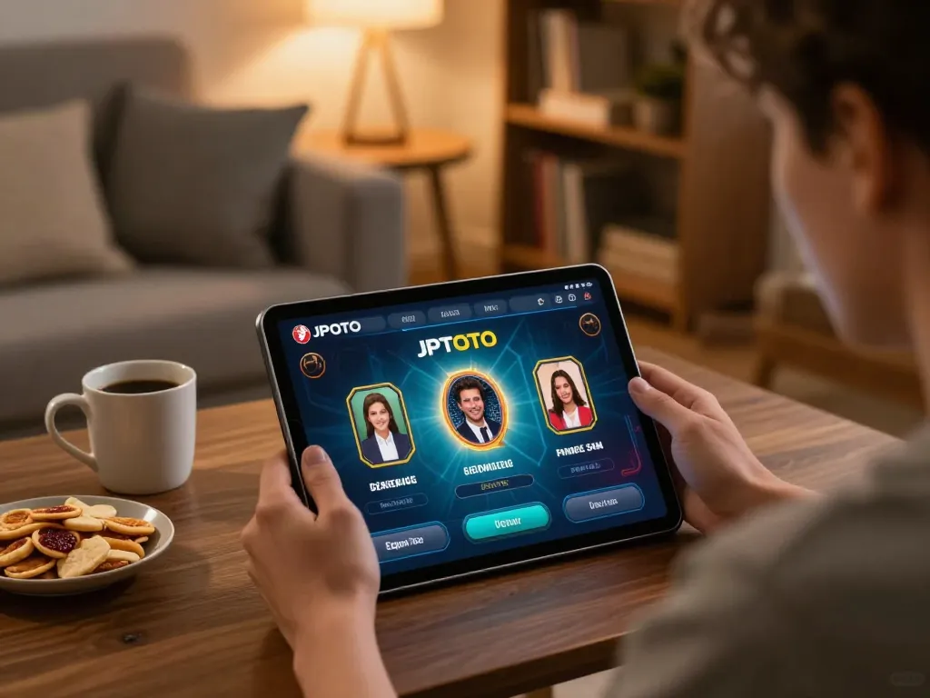 Player engaging with the JPTOTO app on tablet, cozy environment highlighting online gambling experience.