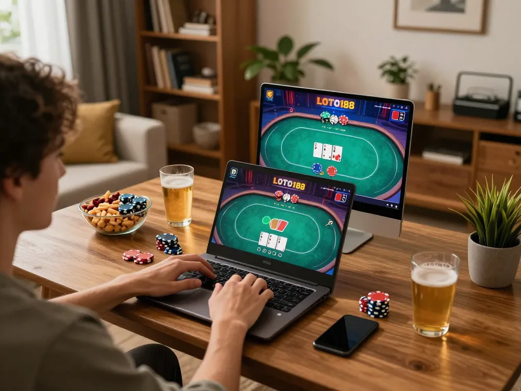 Engaged player enjoying LOTO188 COM on laptop in cozy home setting, emphasizing responsible gaming.