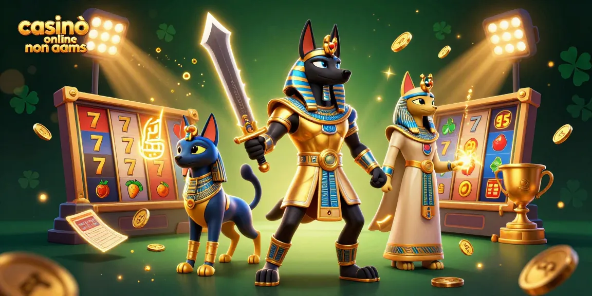 Vinci alla grande con casinò online non AAMS che presentano una scena dinamica di Anubi e Bastet tra vibranti elementi di slot.