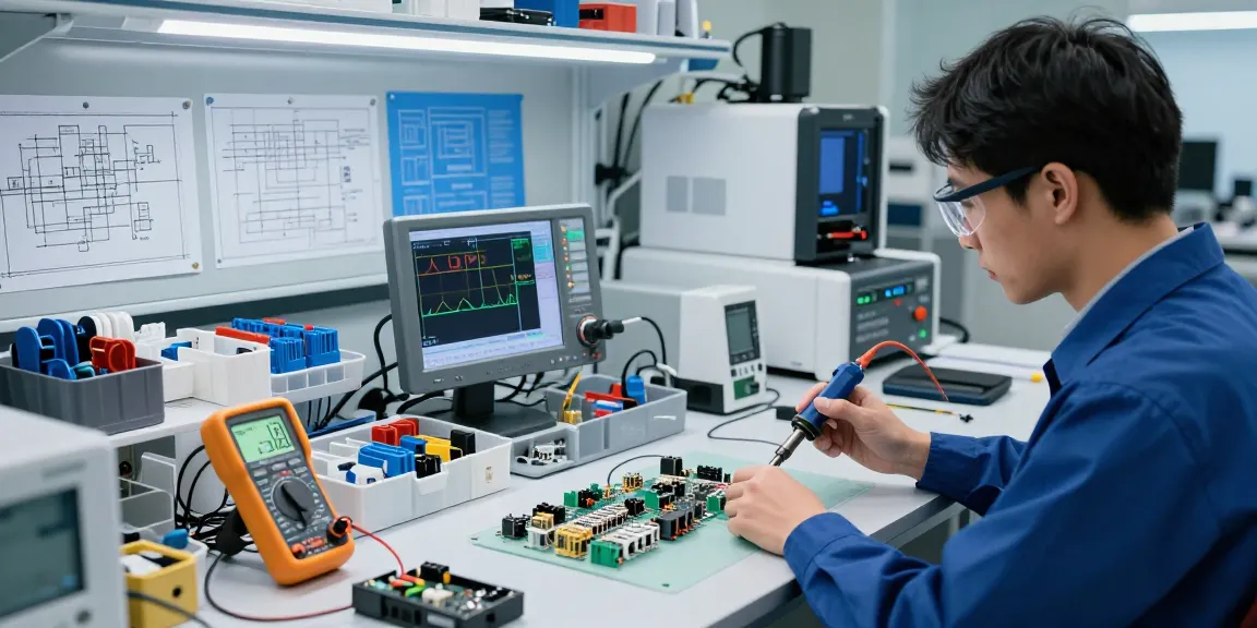 Engineer assembling IEC connectors with precision tools in a high-tech lab.