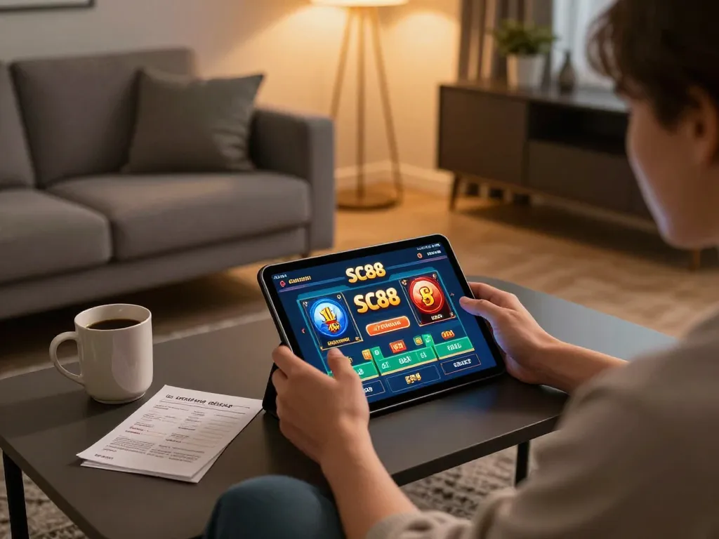 Gambling enthusiast playing SC88 online casino on tablet in a cozy home setting