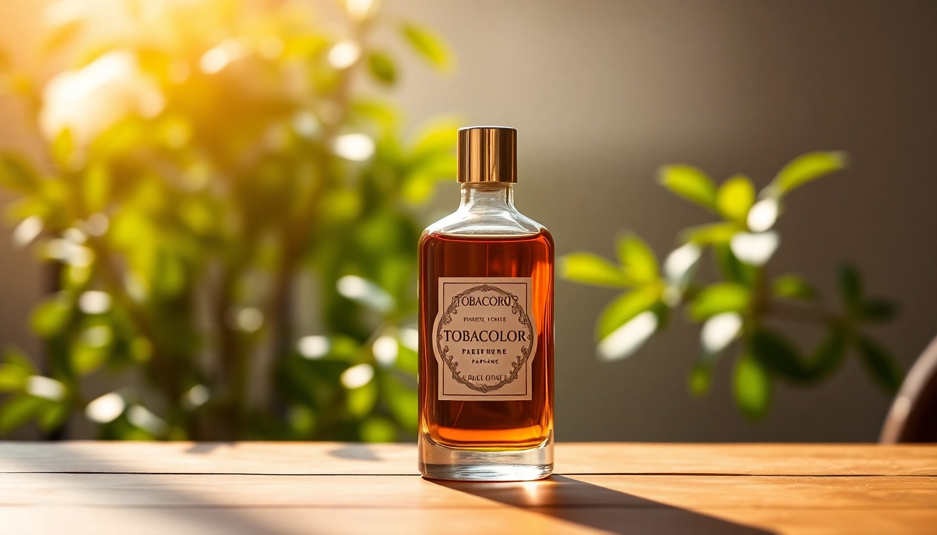 Experience the luxurious Tobacolor perfume in an elegant setting with botanical features.