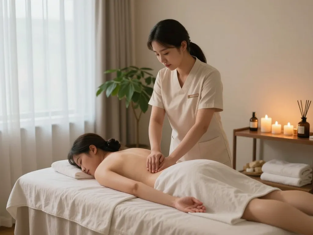 아로마 촛불과 자연광이 있는 편안한 환경에서 신사동마사지 세션을 특징으로 하는 평화로운 스파 마사지.