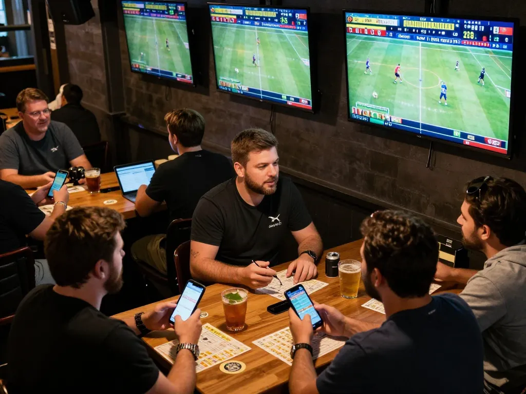 Kqbd hôm nay sports betting excitement in a lively bar with patrons placing bets and engaging with live matches.