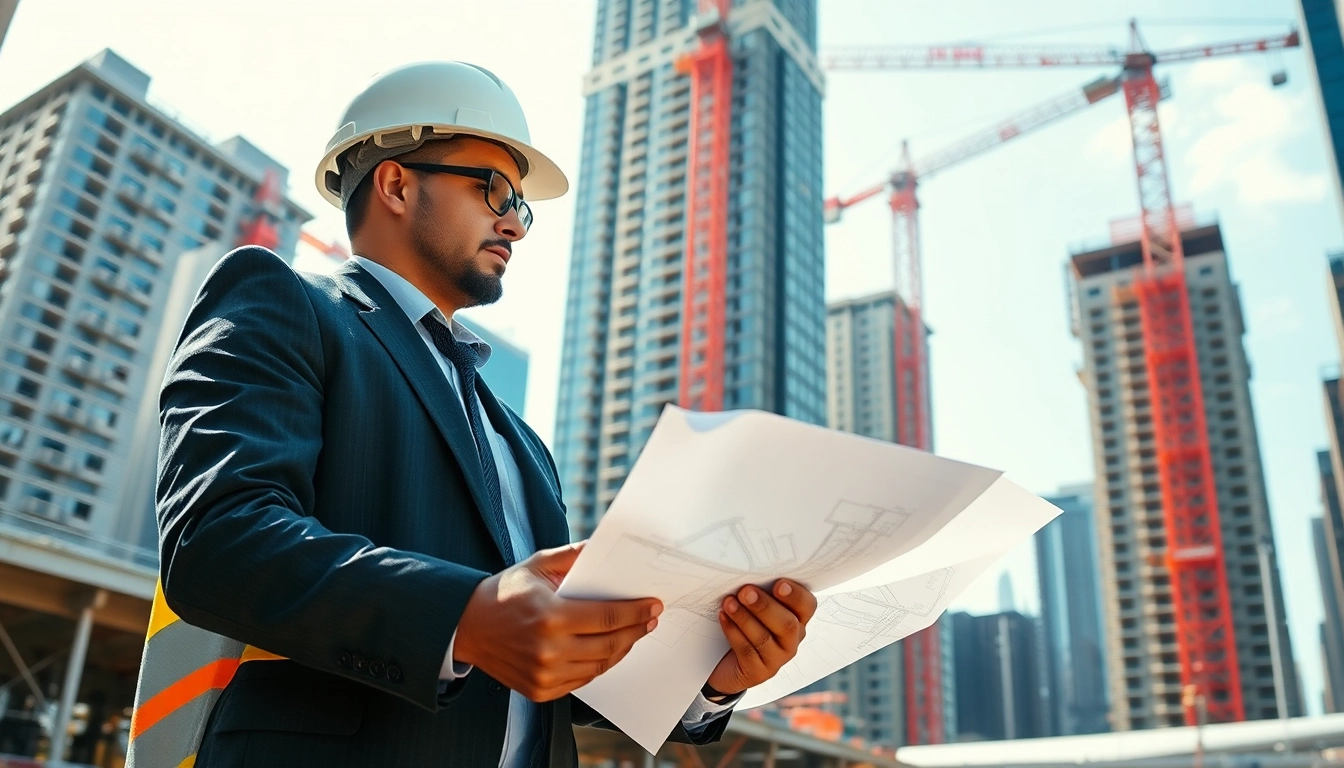 New York City Construction Manager analyzing plans at a lively construction site.