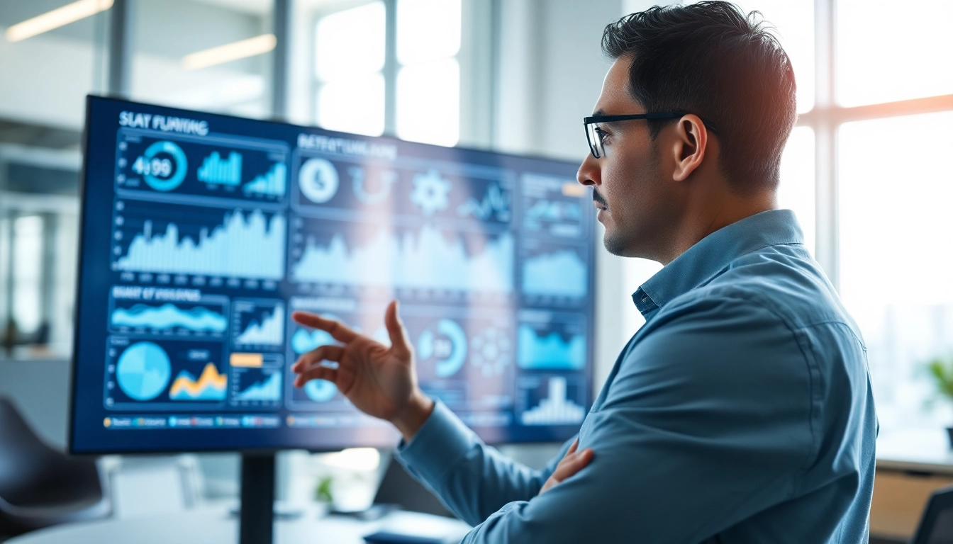 Analyze technology trends with a professional expert surrounded by dynamic data visualizations.