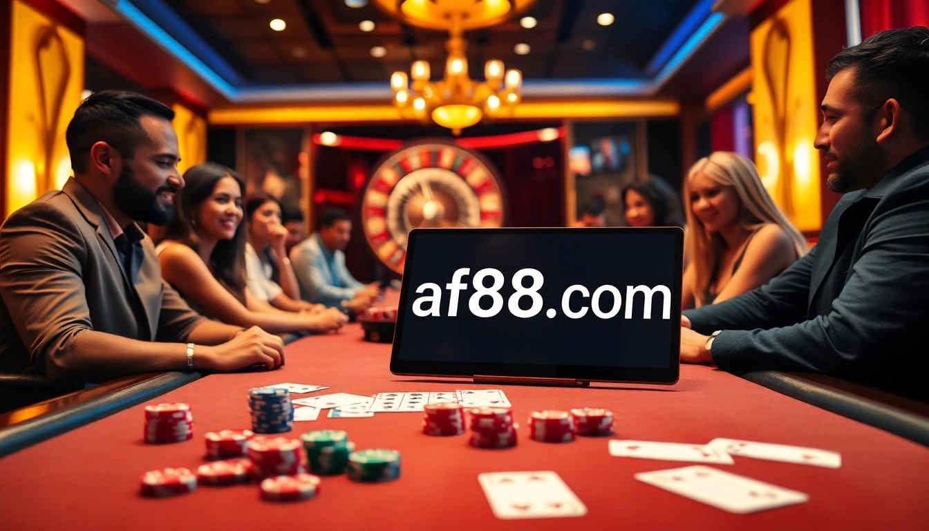 Experience exciting gameplay at af88.com with vibrant casino visuals of poker chips and roulette.