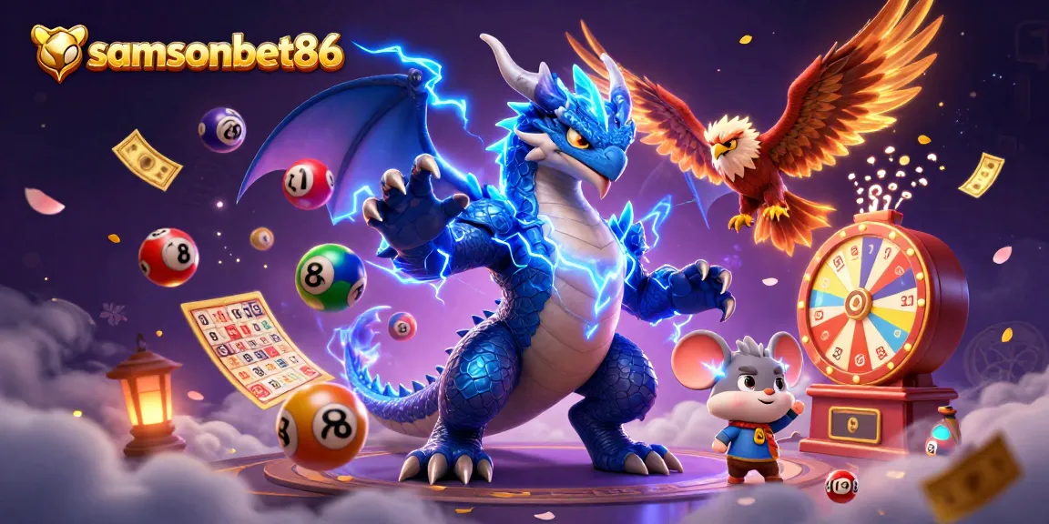 Experience thrilling wins at samsonbet86 with vibrant lottery elements and dynamic characters in a captivating casino scene.