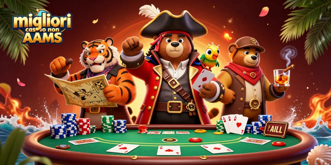 Migliori casino non AAMS mostrano un orsacchiotto pirata e una tigre con mappe mentre giocano a poker.
