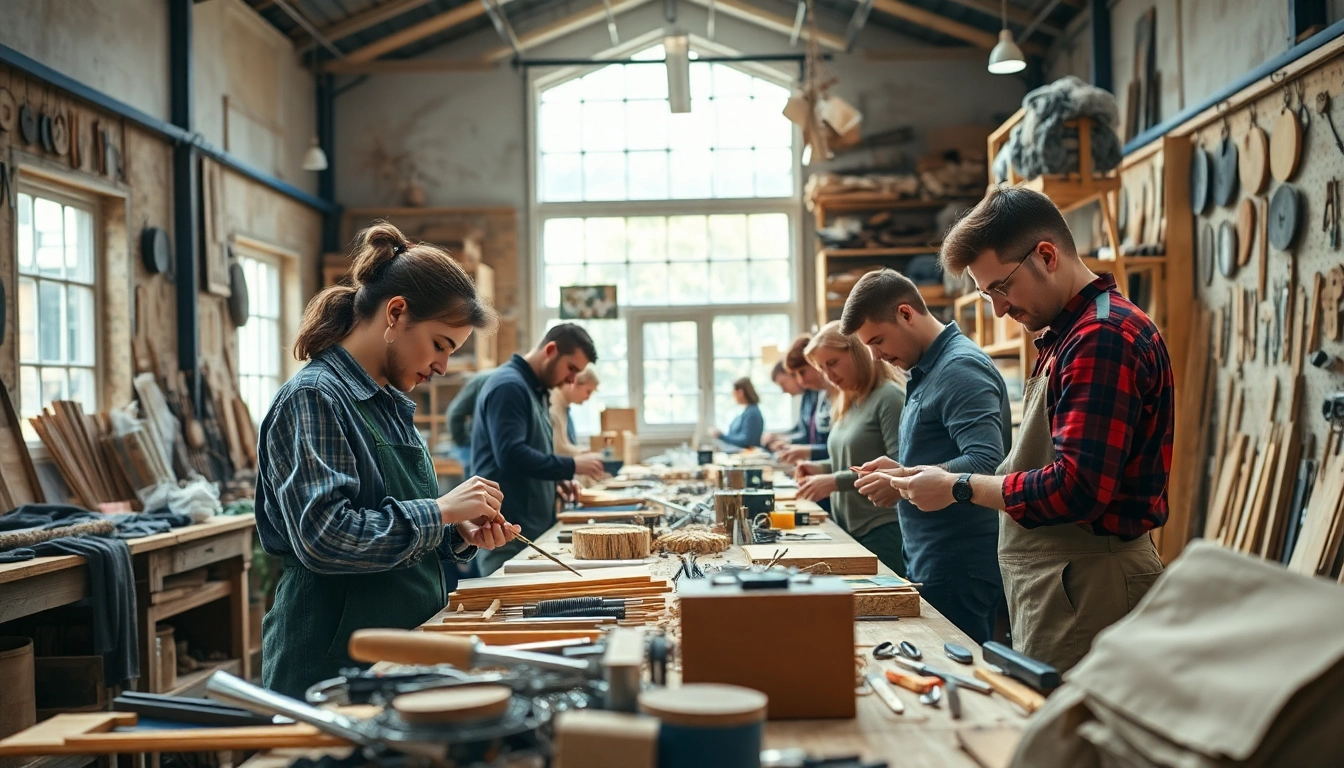 Crafters engaged in innovative craft training programs in a bright workshop setting.