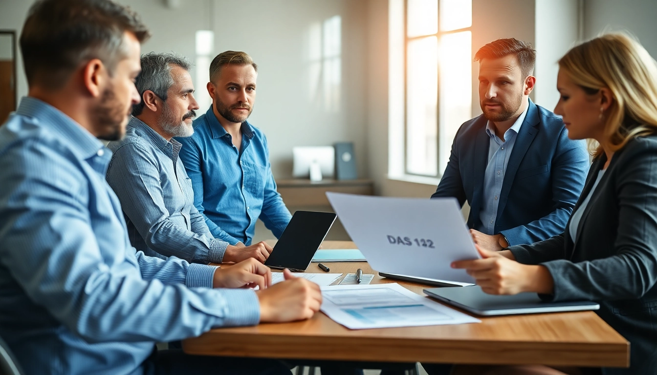 DAS 142 form discussion in a professional setting among contractors.