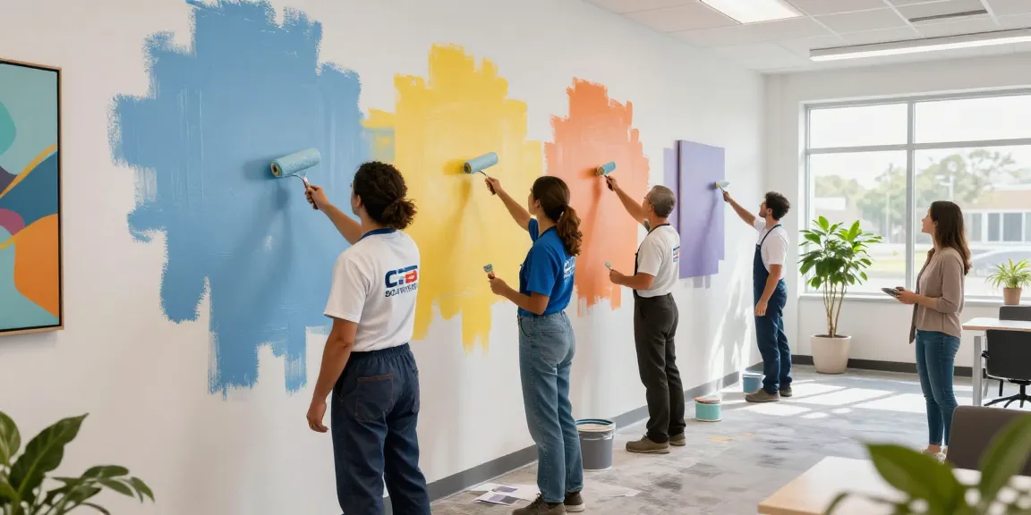 Commercial painters Sarasota FL transforming a modern office space with fresh paint.