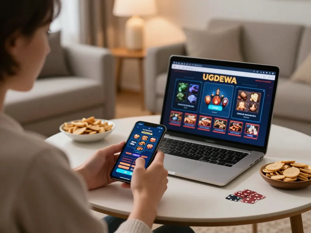Engaging with UGDEWA casino games on smartphone in cozy home setup for responsible gaming.