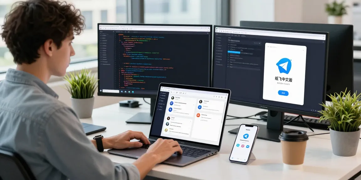 Young professional using 纸飞机中文版 on multiple screens in a modern tech workspace.
