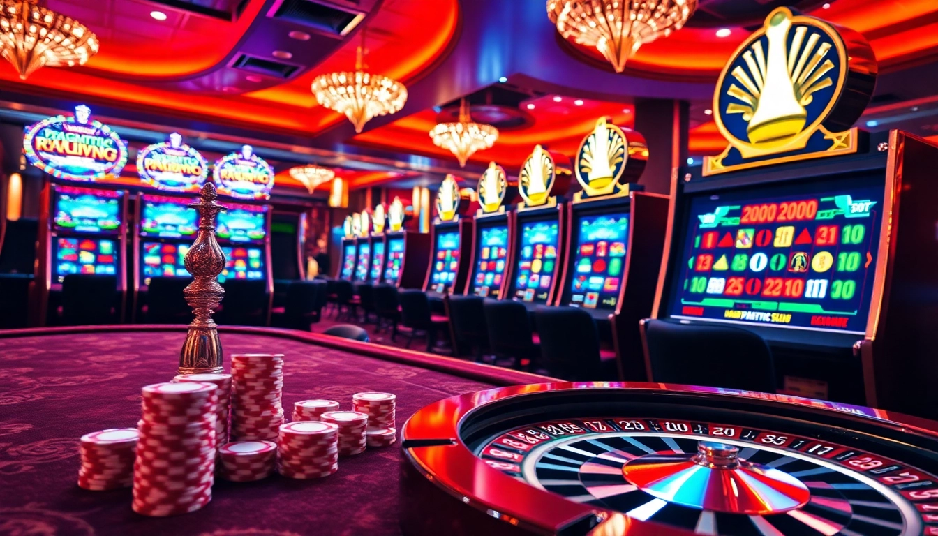 Engaging gamblers at a luxurious casino featuring a pragmatic slot machine, roulette wheel, and poker chips.
