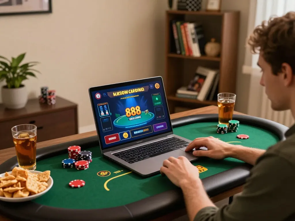 Player enjoying a thrilling poker game on 888newcasino at a cozy home setup.