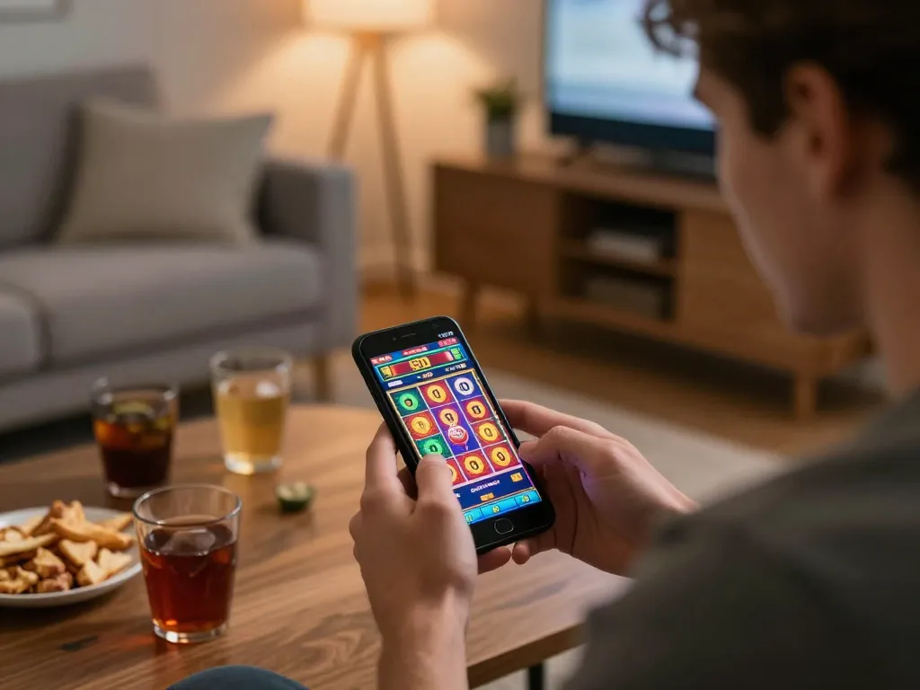 Player enjoying a slot bet 50 game on a smartphone in a cozy home setting, embracing responsible gaming