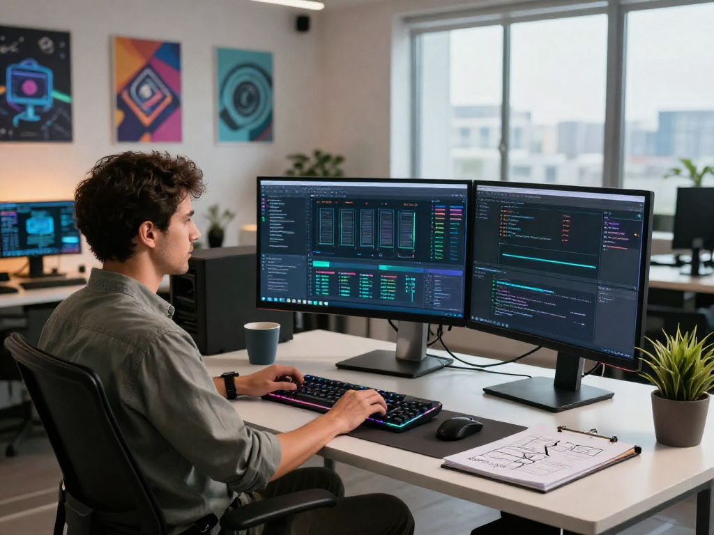 Escena de un espacio de trabajo de vps hosting con analítica de servidores y herramientas de monitoreo.