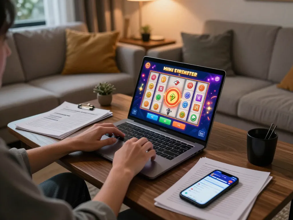 Player engaged in a mahjong slot game on a laptop, celebrating a big win in a cozy home setting