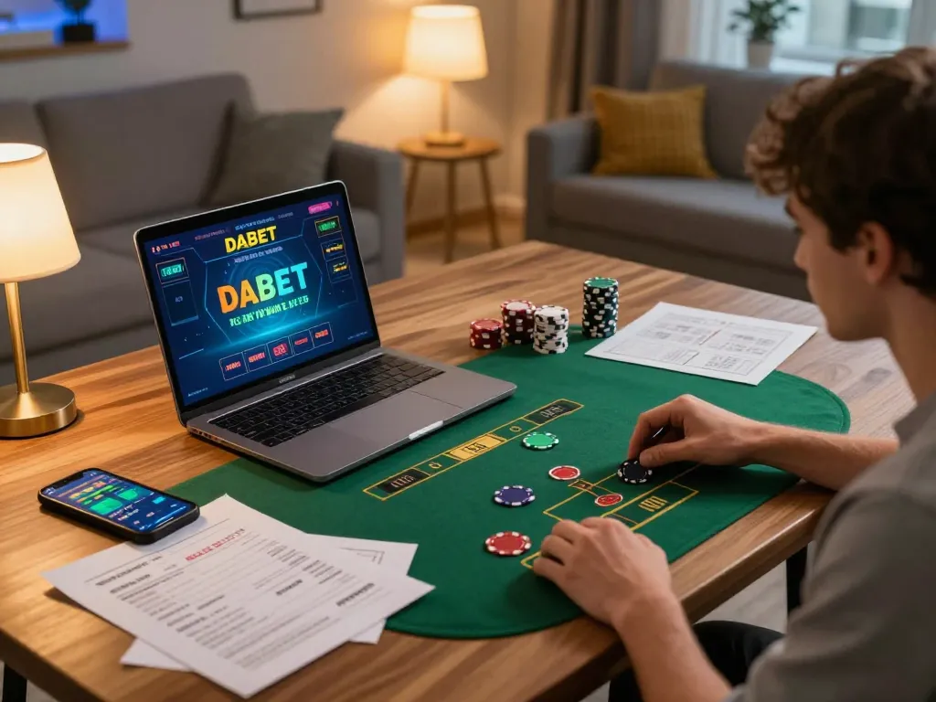 DABET offers players an engaging live dealer experience from home, showing a cozy setup with strategic elements.