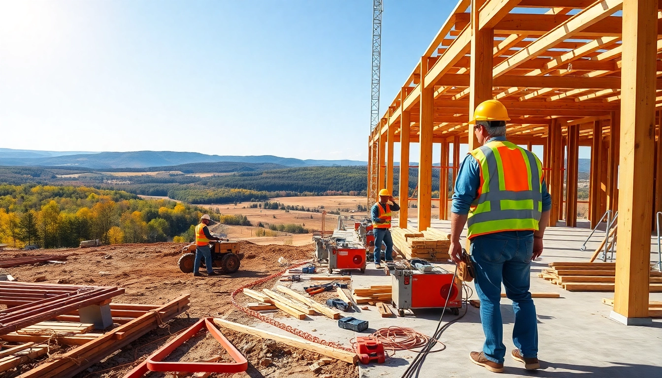 Showcase of Carolinas construction with active building site and skilled workers in safety gear.