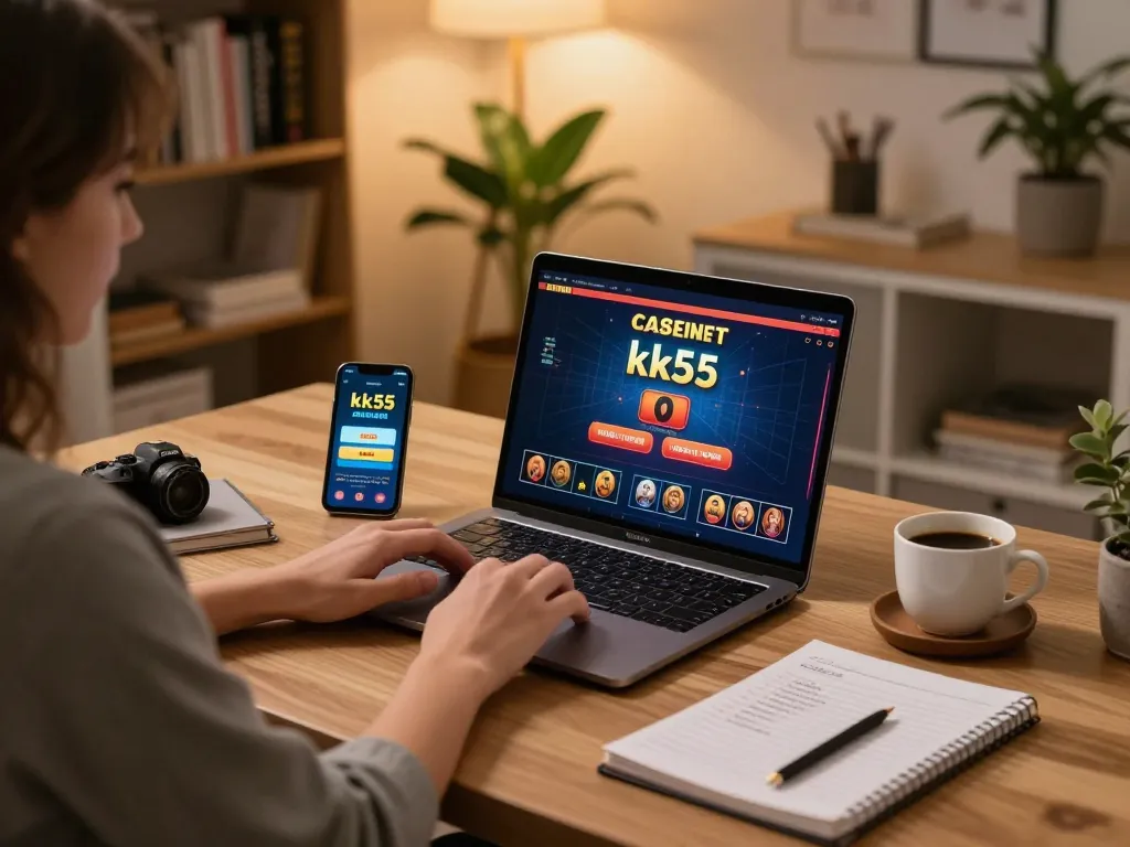 Playing live dealer games on kk55 app from a cozy home office.