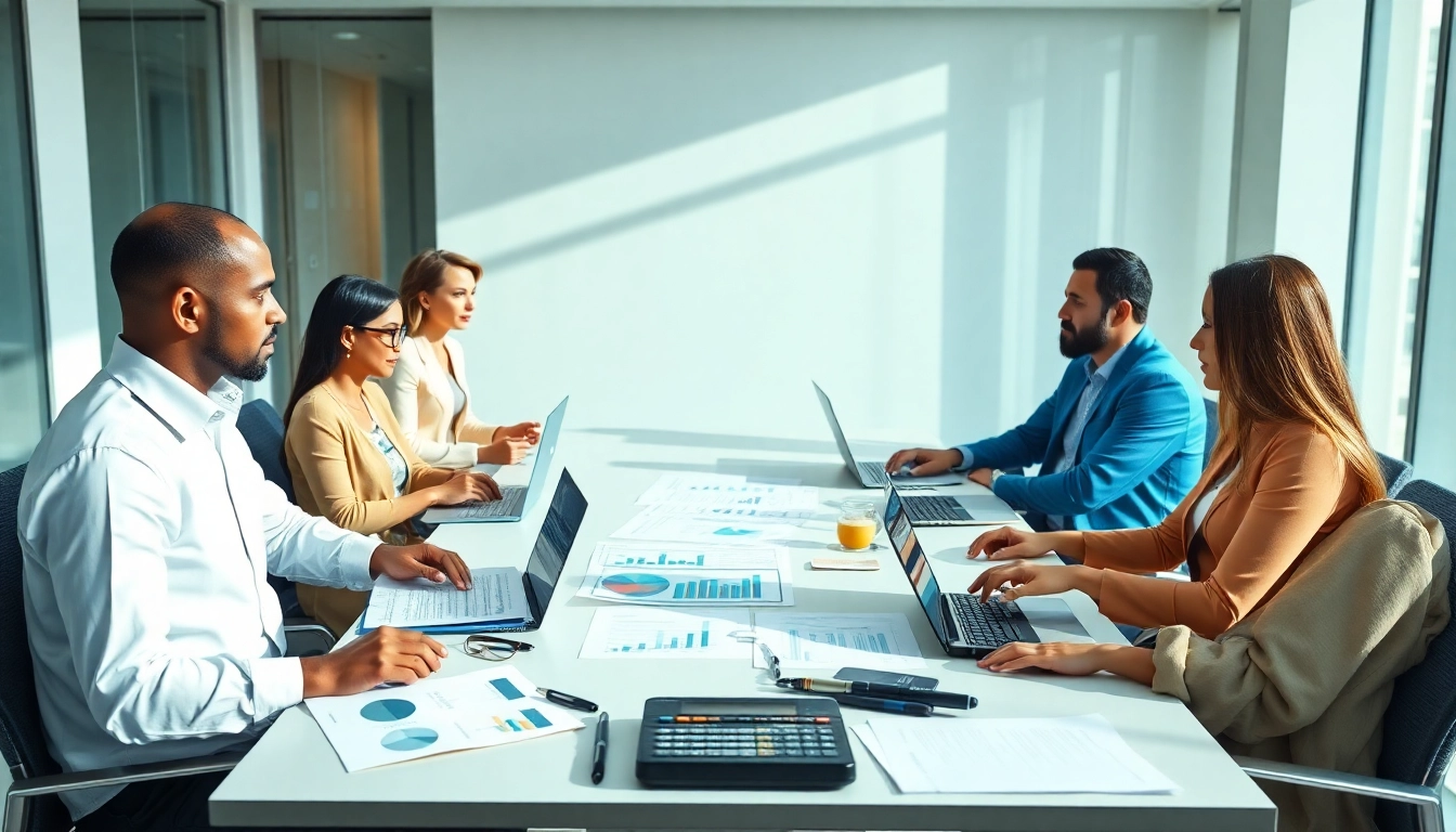 Corporate Tax Return Filing discussion among diverse professionals in a modern office setting