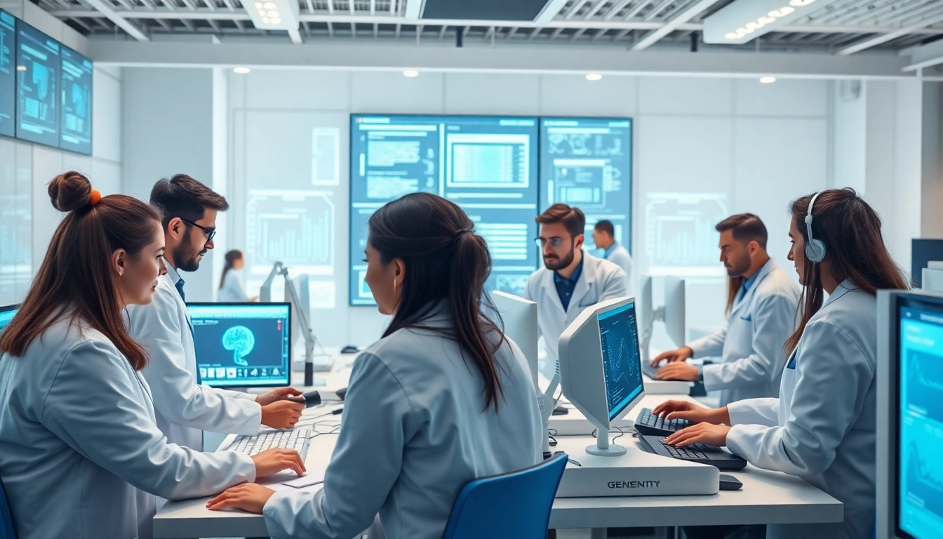Generatywna AI w nowoczesnym laboratorium badań technologicznych z różnorodnymi naukowcami.