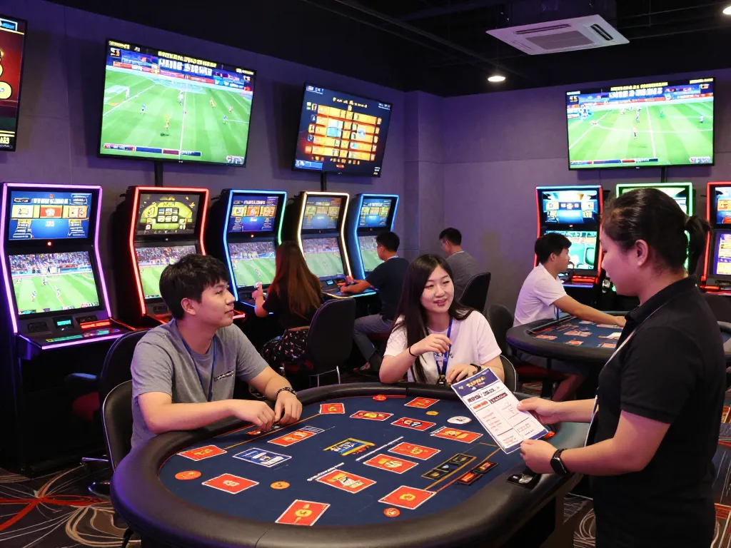 C168 gaming lounge showing friends placing bets in a vibrant atmosphere full of excitement and colorful displays.
