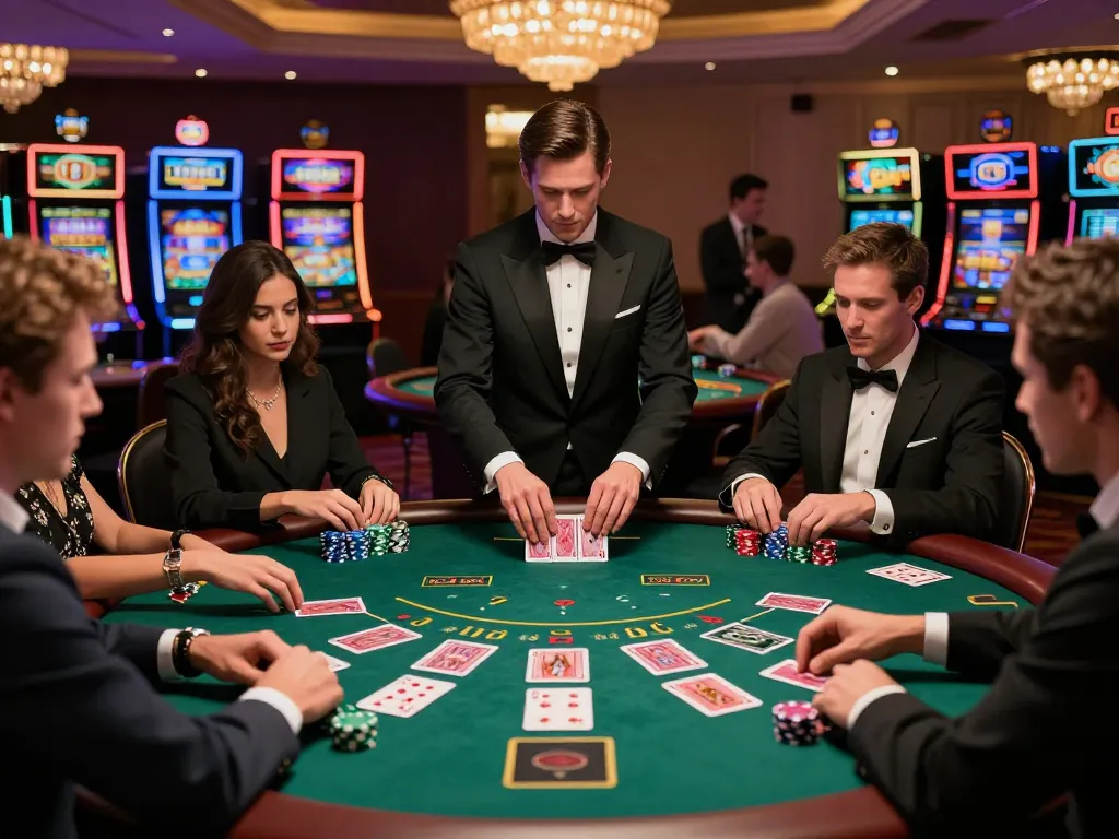 n188 players strategizing at a blackjack table under soft neon lights in a luxurious casino.